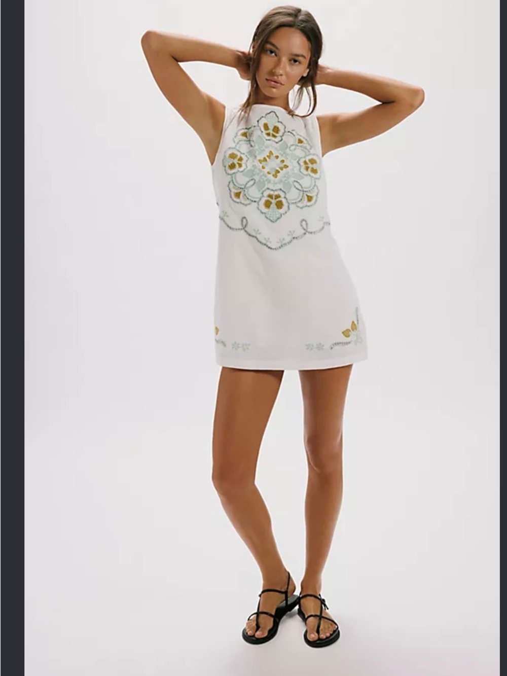 Free People White Halter Mini Dress with Green and Gold Embroidery
